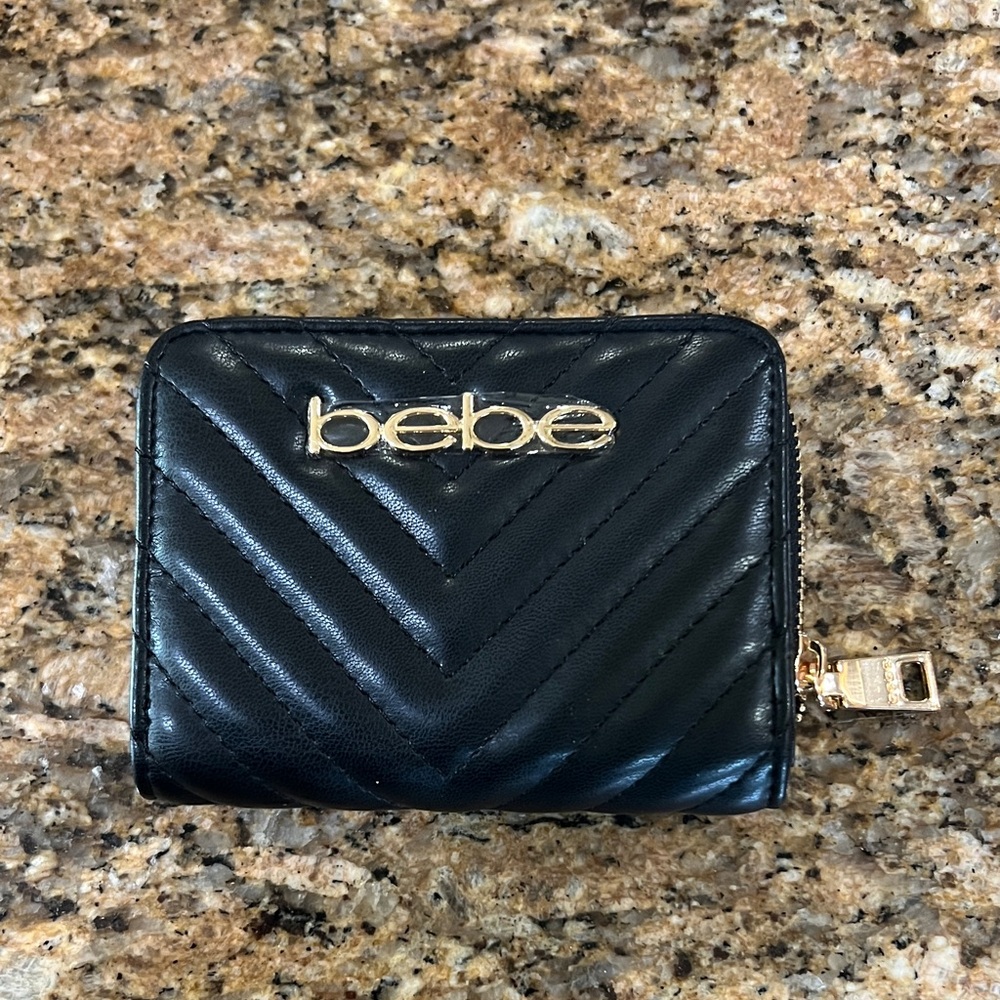 Bebe Black Chevron Wallet with Gold Logo